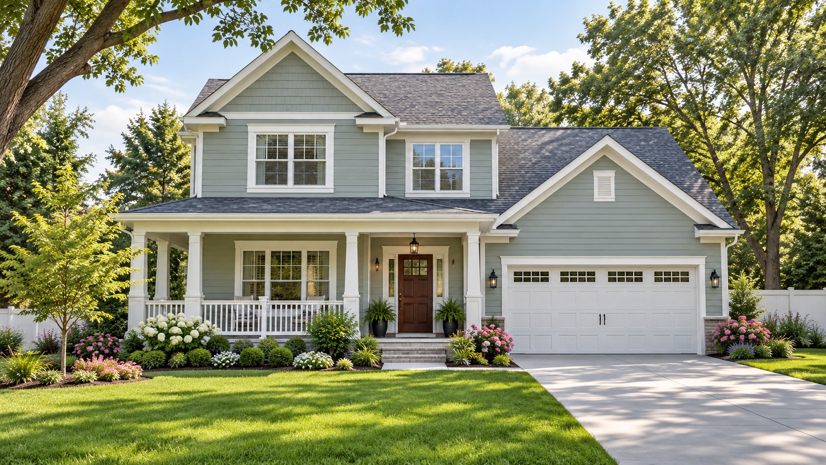 Sage-sided family home with white trim, clean windows, and a landscaped front lawn