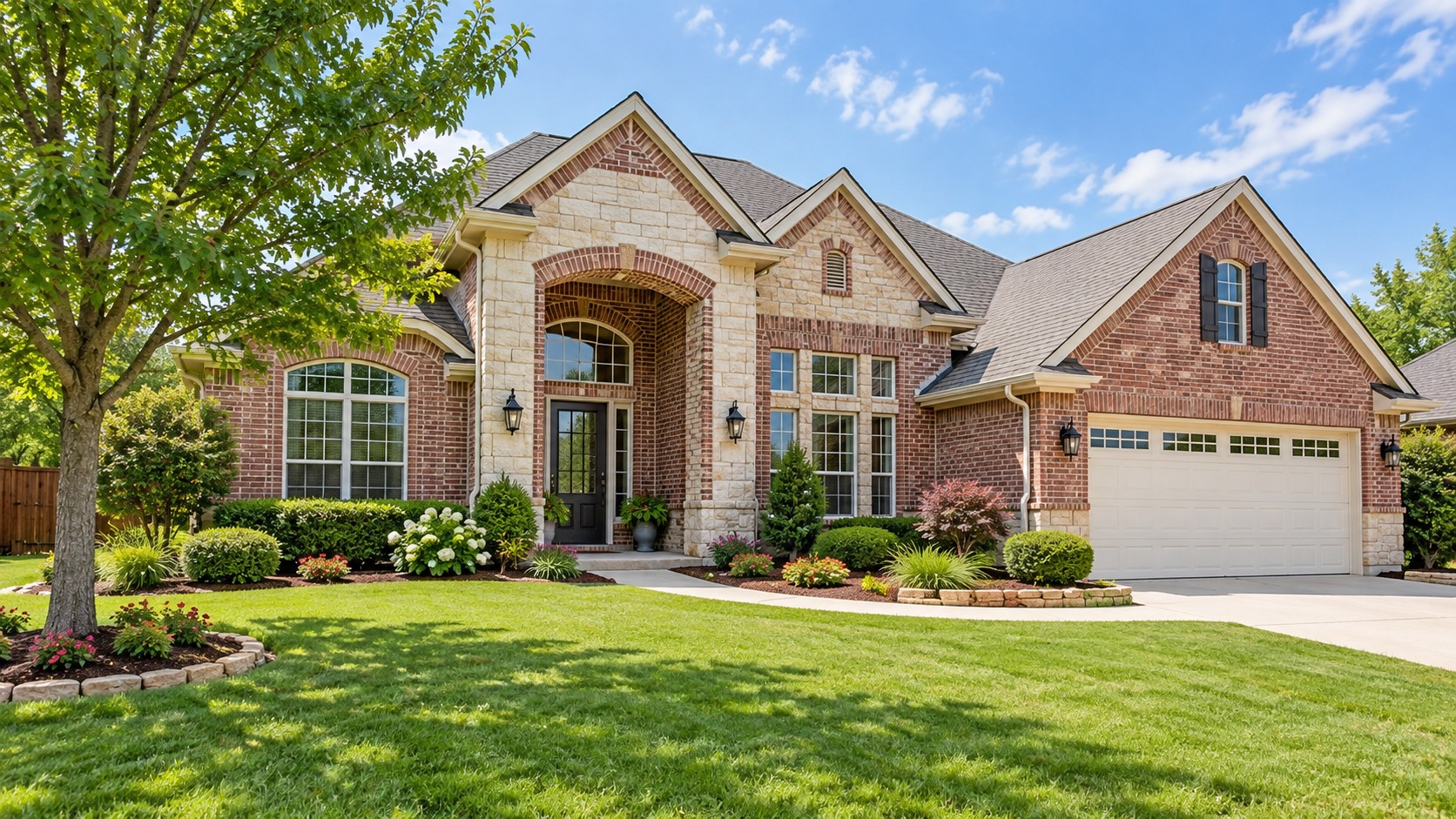 Red-brick home with limestone accents, clean windows, and a manicured lawn