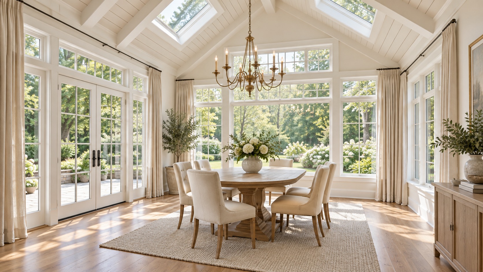 Sunlit dining room with vaulted ceilings and large garden-facing windows
